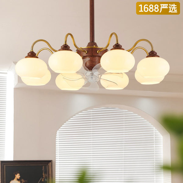 [Strict selection] Medieval chandelier fan light American retro caramel persimmon light shaking head electric fan integrated chandelier