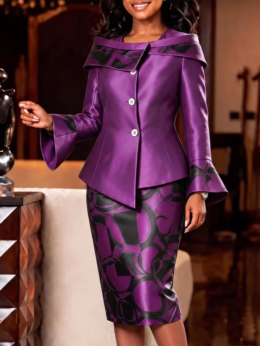 Autumnew arrivalwork clothing hip skirttwo-piece set printing bell sleeve shawl collar church elegantsilm skirt suit