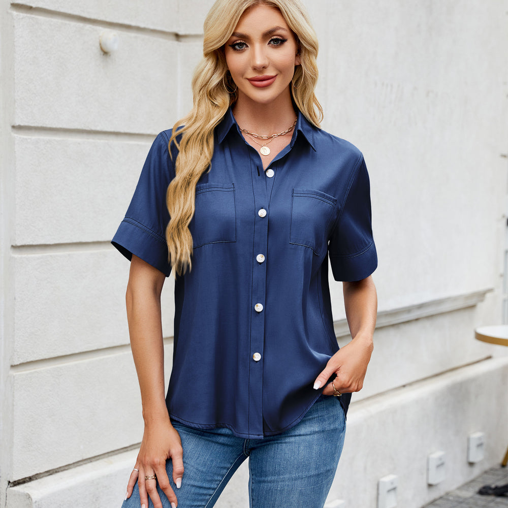 European and american cross-border women's fashion  spring/summer new arrivals:  &  single-breasted faux denim short-sleeve oversized shirt