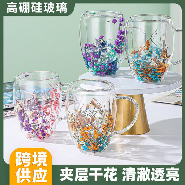 dry flower cup  supply milk cup double glass 10oz creative water cup high value coffee cup