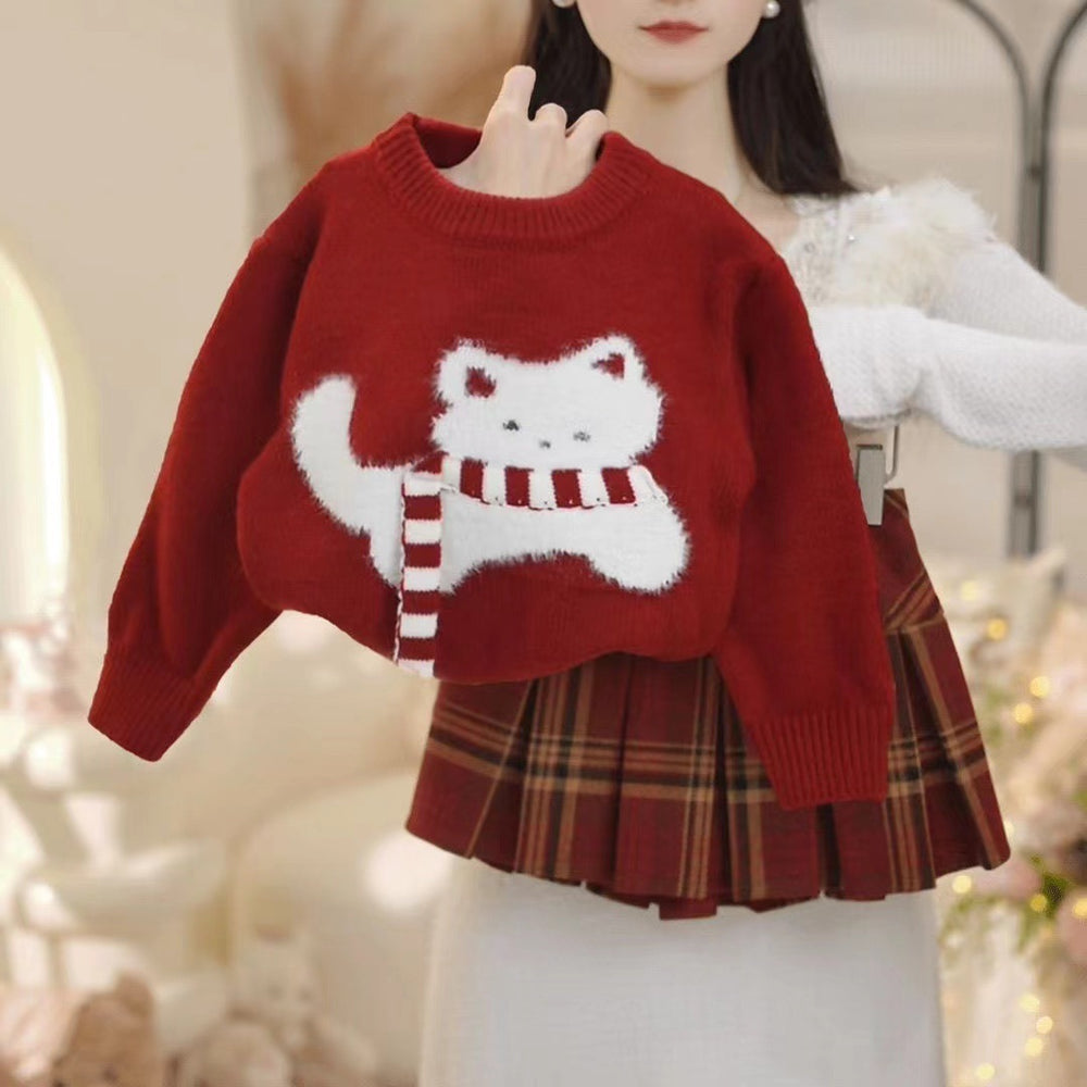 Girls' sweater  new korean style kitten thickened sweater christmas red knitted top new year's greeting outfit