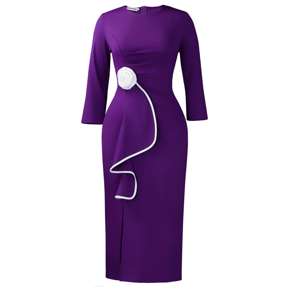 D612 european and american plus size elegant round neck 3d floral fashion ruffle hem bodycon dress - export quality