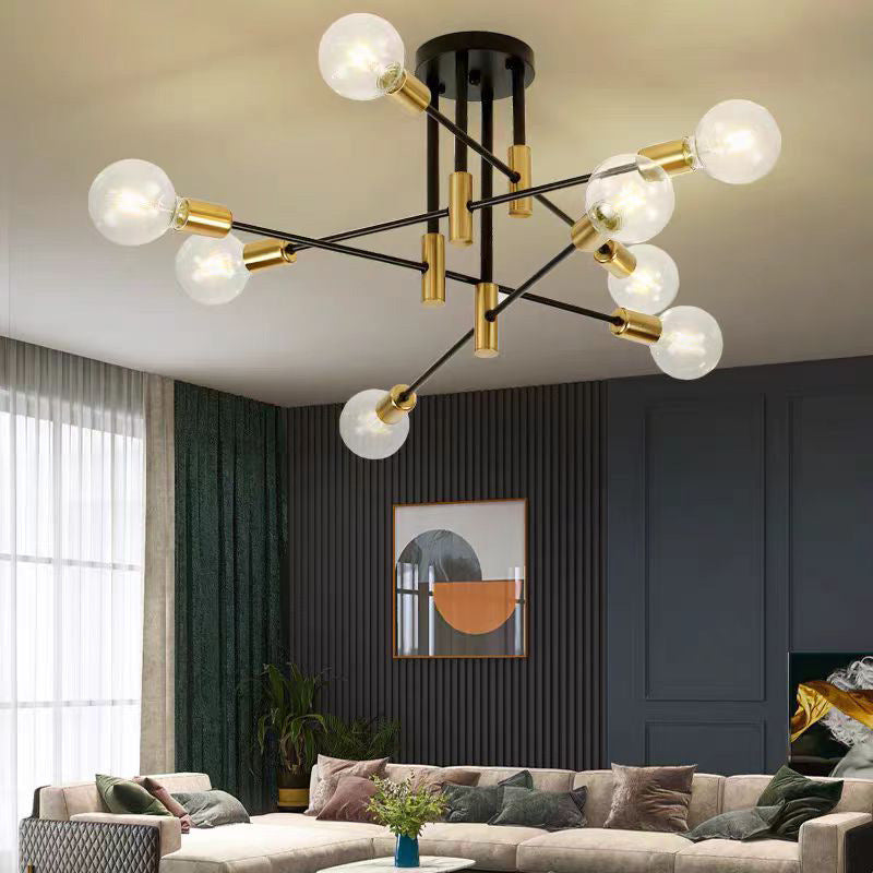 Nordic black gold 8-light linear ceiling light, modern minimalist iron art living room bedroom creative cross branch pendant lamp