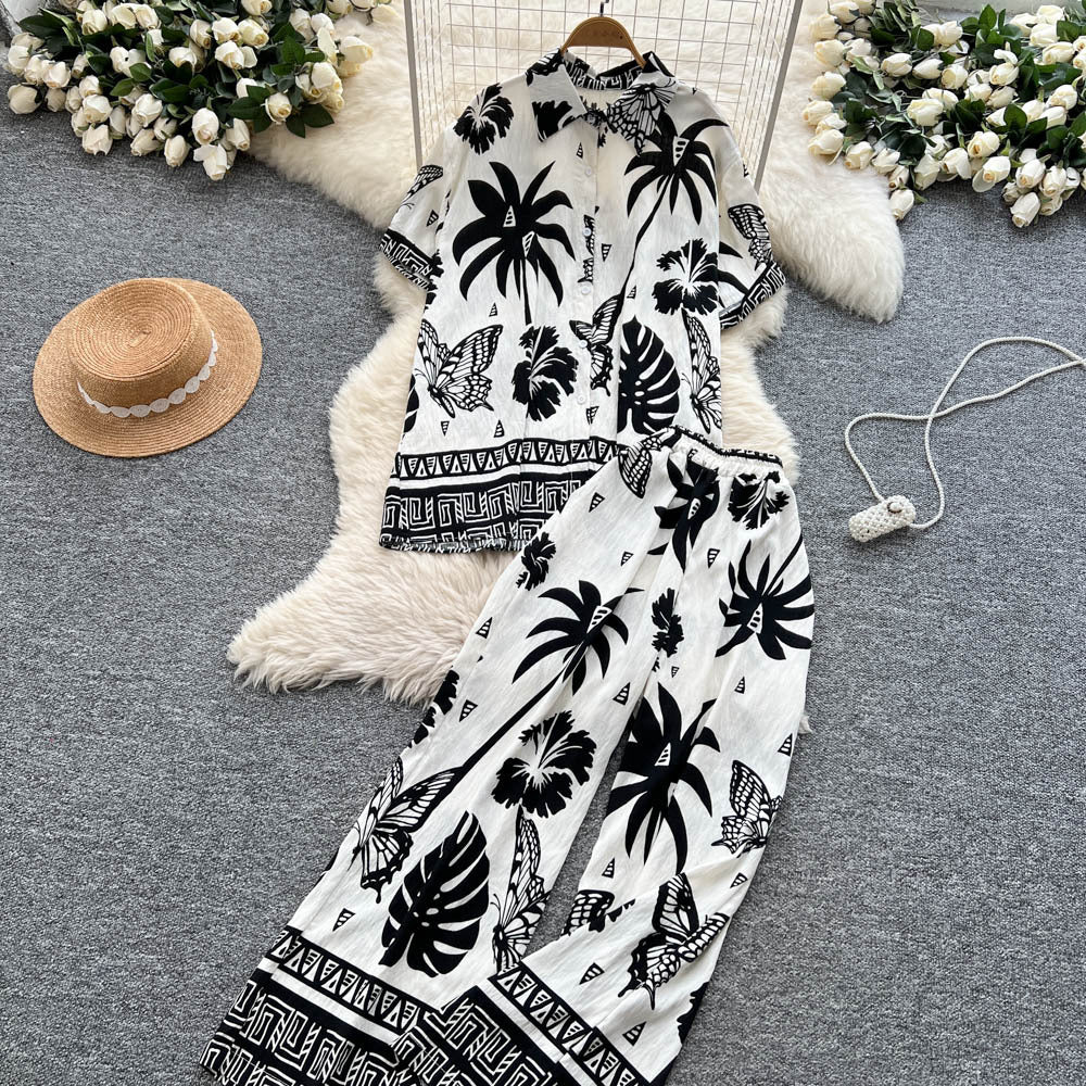 Bohemian style printed short-sleeve polo shirt + elastic waist wide-leg slimming straight-leg pants power suit