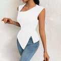 Amazon cross-border women's fashion: european and american elegant style t-shirt,  spring/summer new arrival, asymmetrical neck, slim-fit cropped solid color top