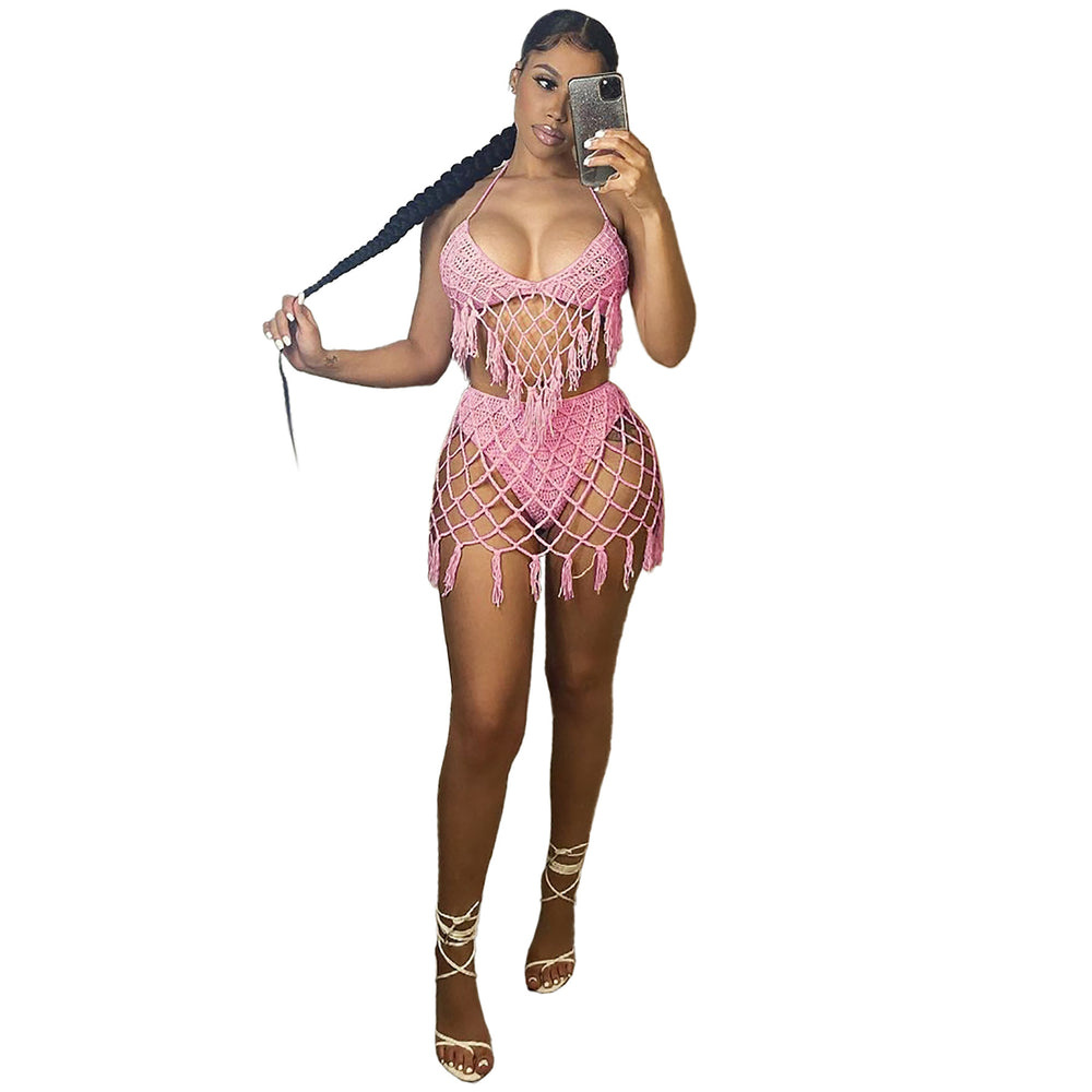 e-commerce european and american women's swimwear, sexy hand-crocheted beach cover-up, knitted casual swimsuit set - hot seller