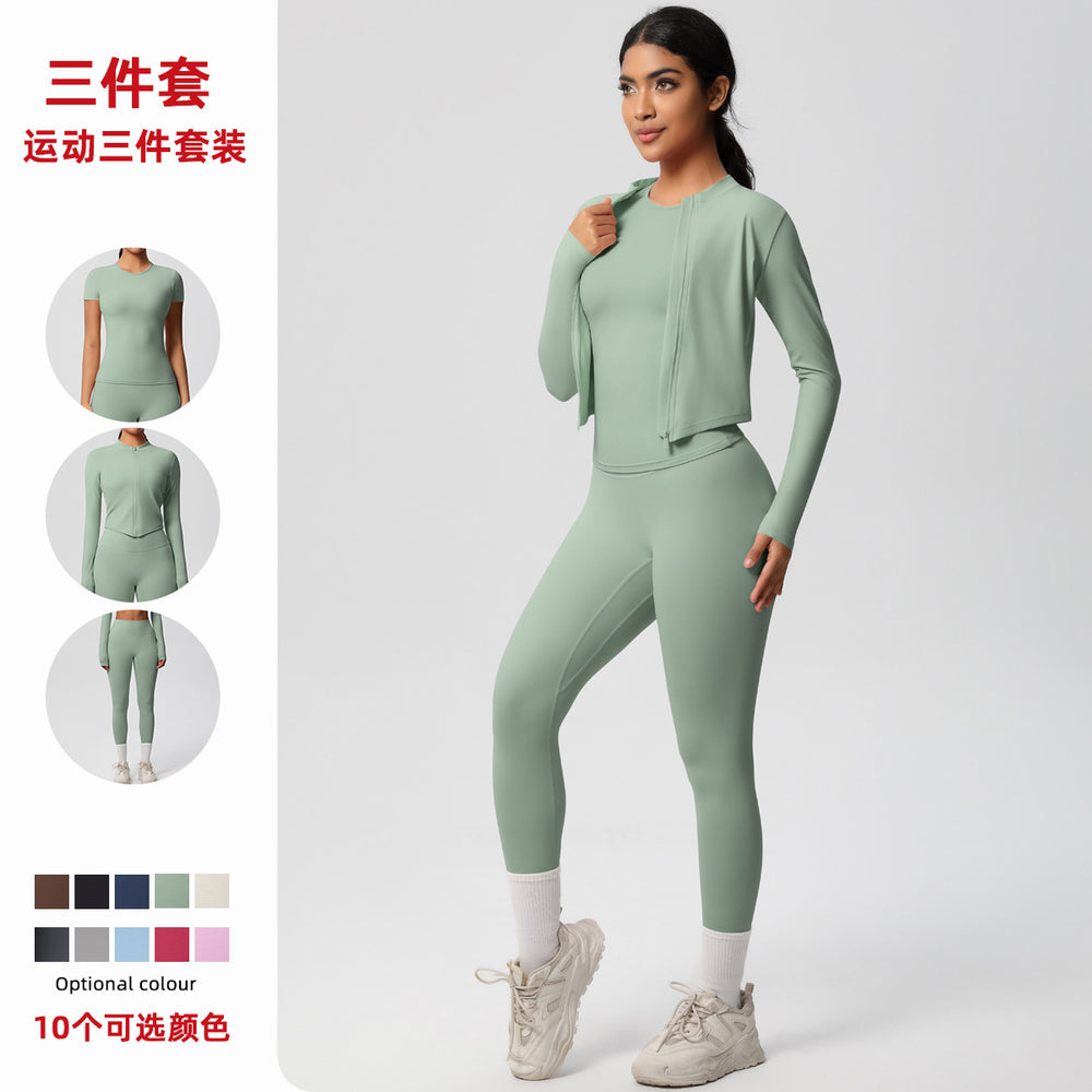 new arrival quick-dry barely-there jacket with short-sleeve yoga top set - slim-fit activewear three-piece outfit for outdoor running