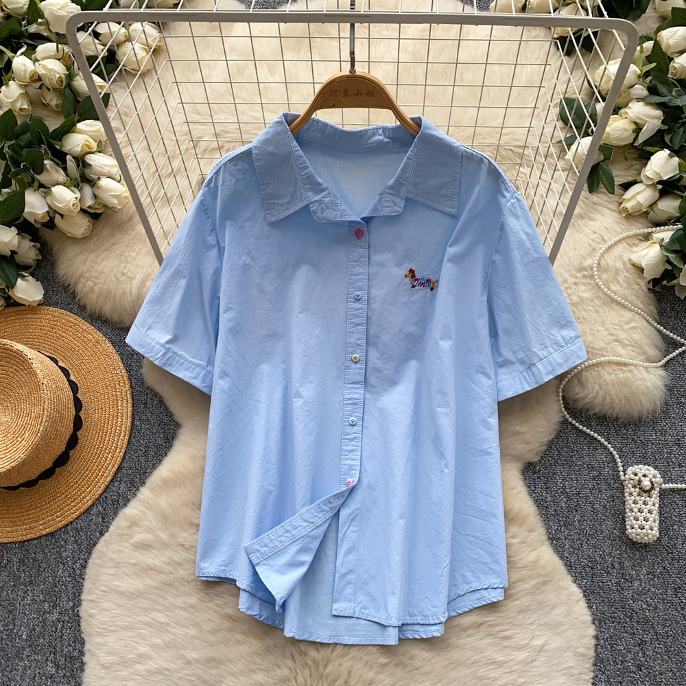 K-style pink polo collar small spur embroider short-sleeved shirt women's summernew arrivallooseeasiest for matchslimming looktops