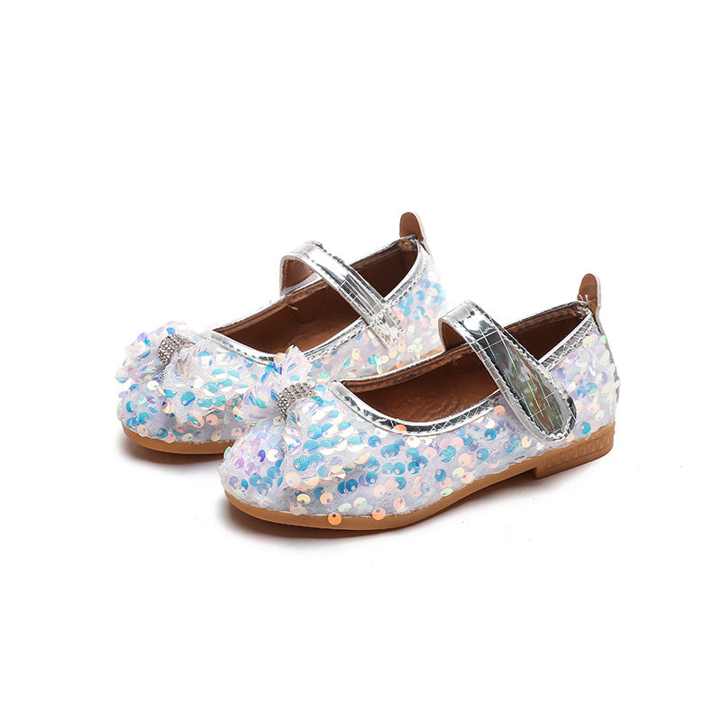Girls'  spring new collection: sparkling soft-soled princess leather shoes for mid-to-large children - wholesale direct from the manufacturer, featuring hook-and-loop fasteners