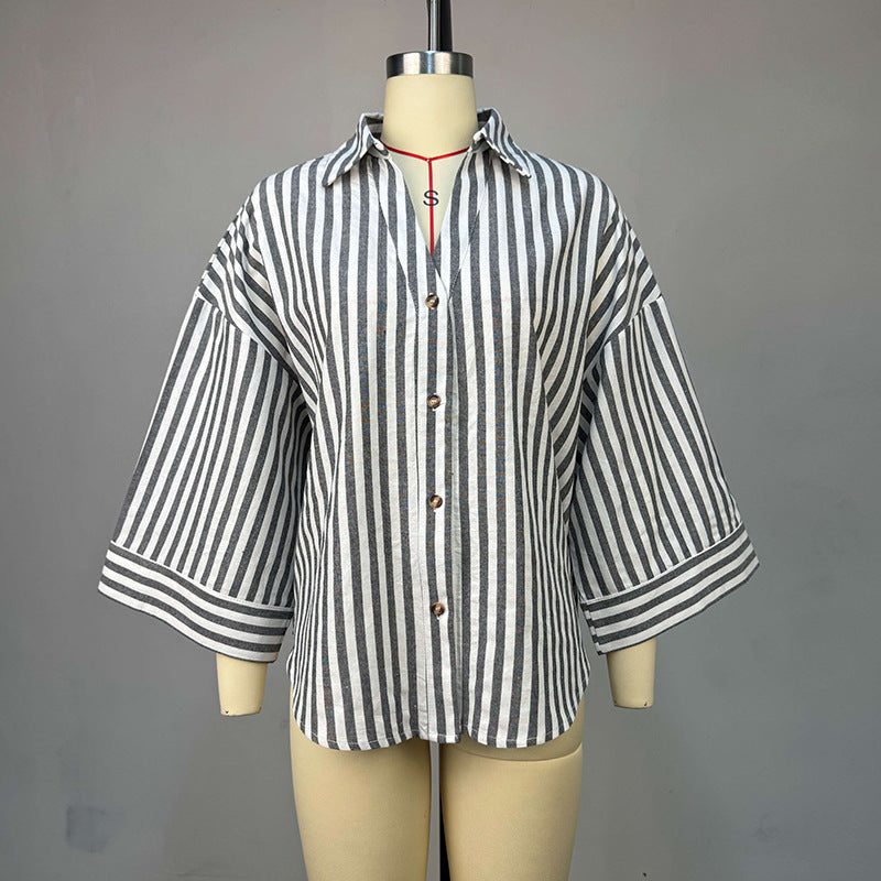 European and american cross-border women's clothing:  summer new arrivals - fashionable, loose-fit, sweet, and designer-inspired striped shirt top with turn-down collar