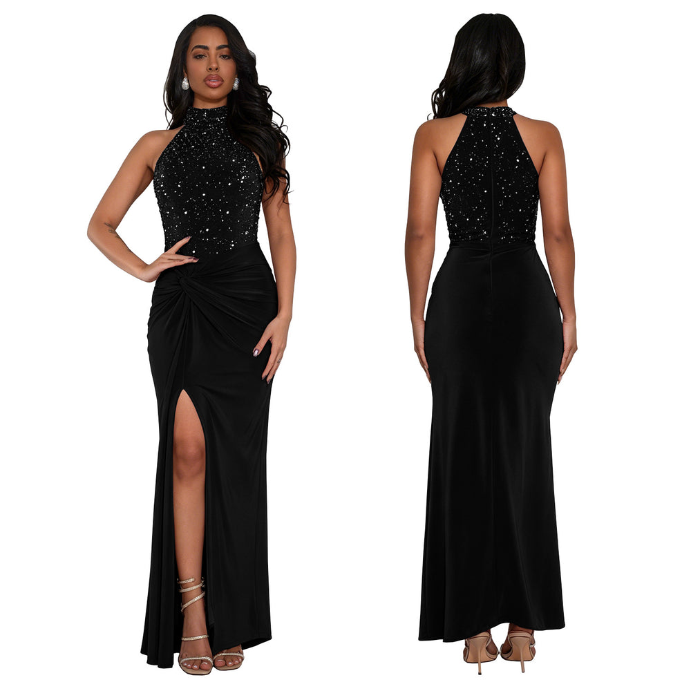 C7706 cross-border   fashion women's sexy off-shoulder rhinestone beaded slit dress