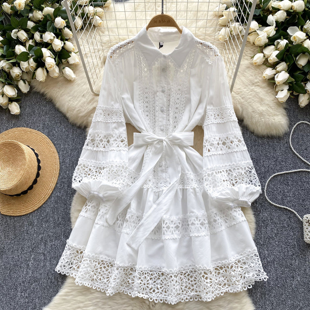 Palace style dress women's frenchretrocut outembroiderlacepatchwork lantern sleeve single breasted waist a-line skirt