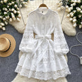 Palace style dress women's frenchretrocut outembroiderlacepatchwork lantern sleeve single breasted waist a-line skirt