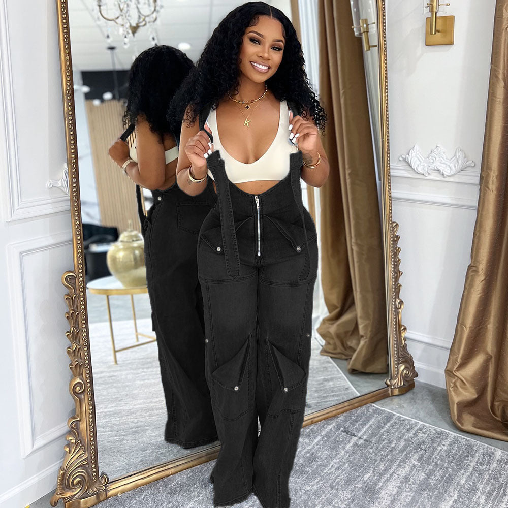 European and american style women's denim overalls -  cross-border women's summer streetwear casual zipper washed jumpsuit