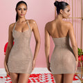 C7179 cross-border   fashion women's sexy halter neck rhinestone bodycon mini dress