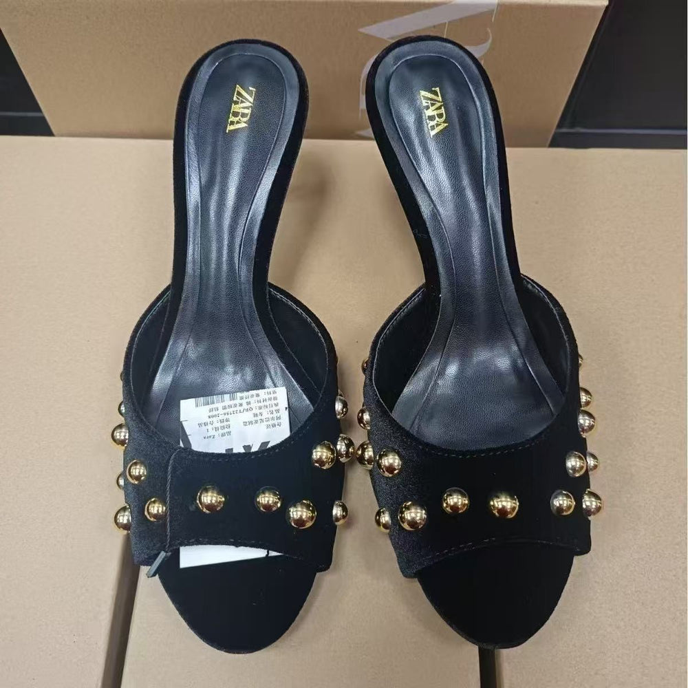 Black suede studded backless slip-on stiletto sandals - 2025 summer new arrival - low-cut outerwear mules