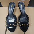 Black suede studded backless slip-on stiletto sandals - 2025 summer new arrival - low-cut outerwear mules