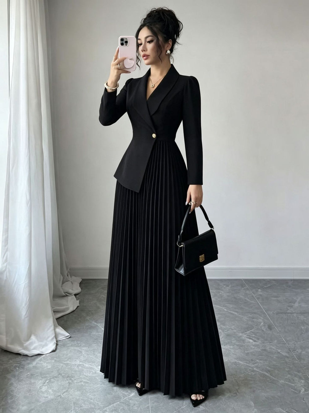 european and american cross-border e-commerce women's new black fitted slimming elegant blazer pleated dress