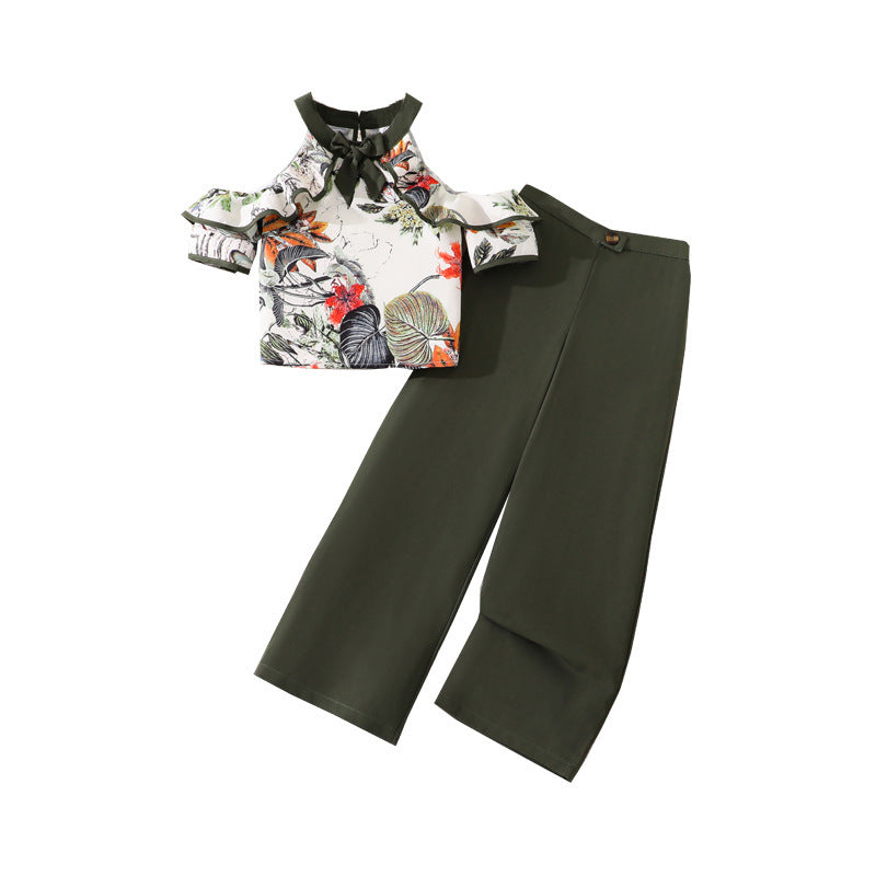 Export children's clothing  summer new arrivaleleganceprintingruffles short sleeve off shoulder topsloose pantsgirlsuit