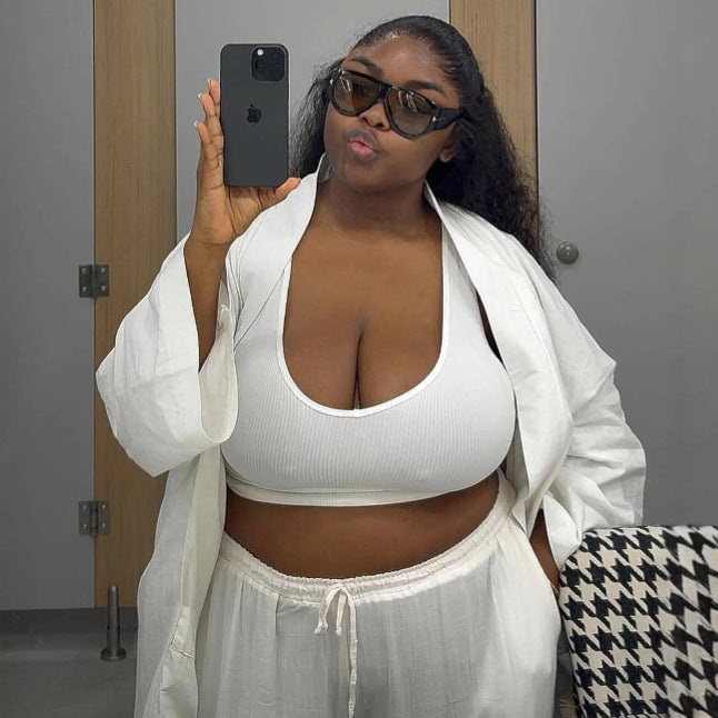 European and American large size new cardigan long shirt top women's African women's casual trousers solid color fashion two-piece set