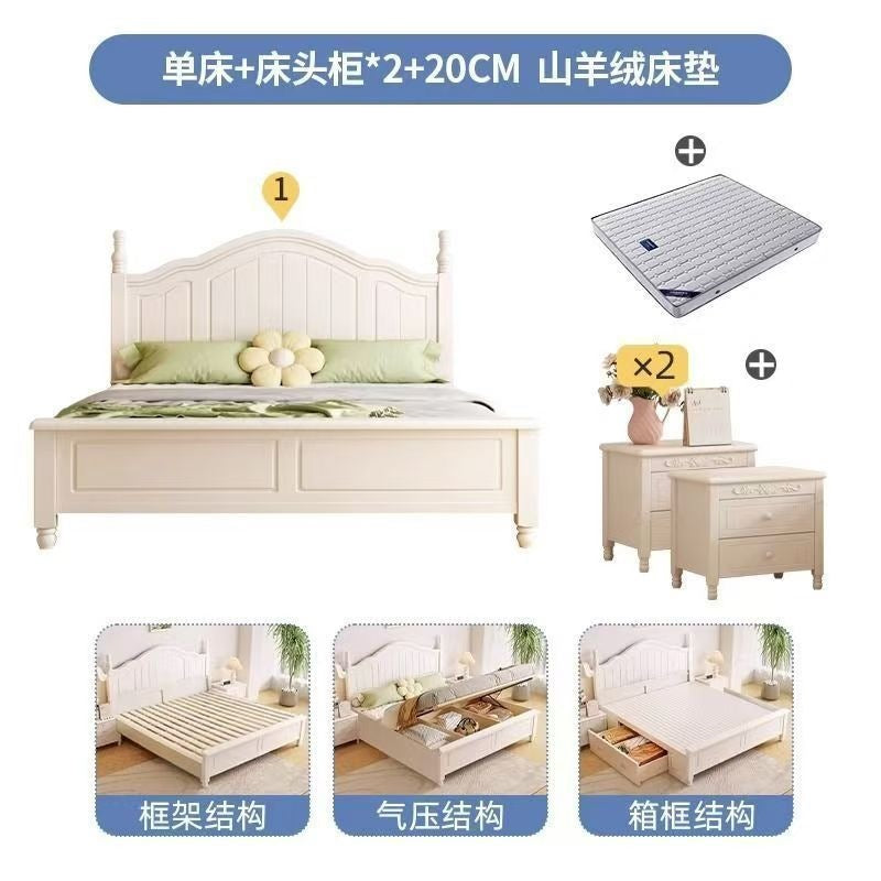 Nordic white cream solid wood bed - modern minimalist 1.8m double bed for master bedroom, 1.2m single bed with storage, wedding bed