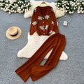 Trendy and chic heavy beaded 3d floral long sleeve knit top and high-waisted casual sweater pants two-piece set for women
