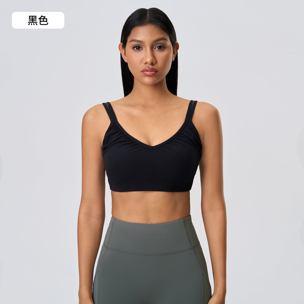 Naked feeling beautiful back breathable sports intimates women's bubble wrap anti-sagging deep v semi-fixed cup yoga bra d25053