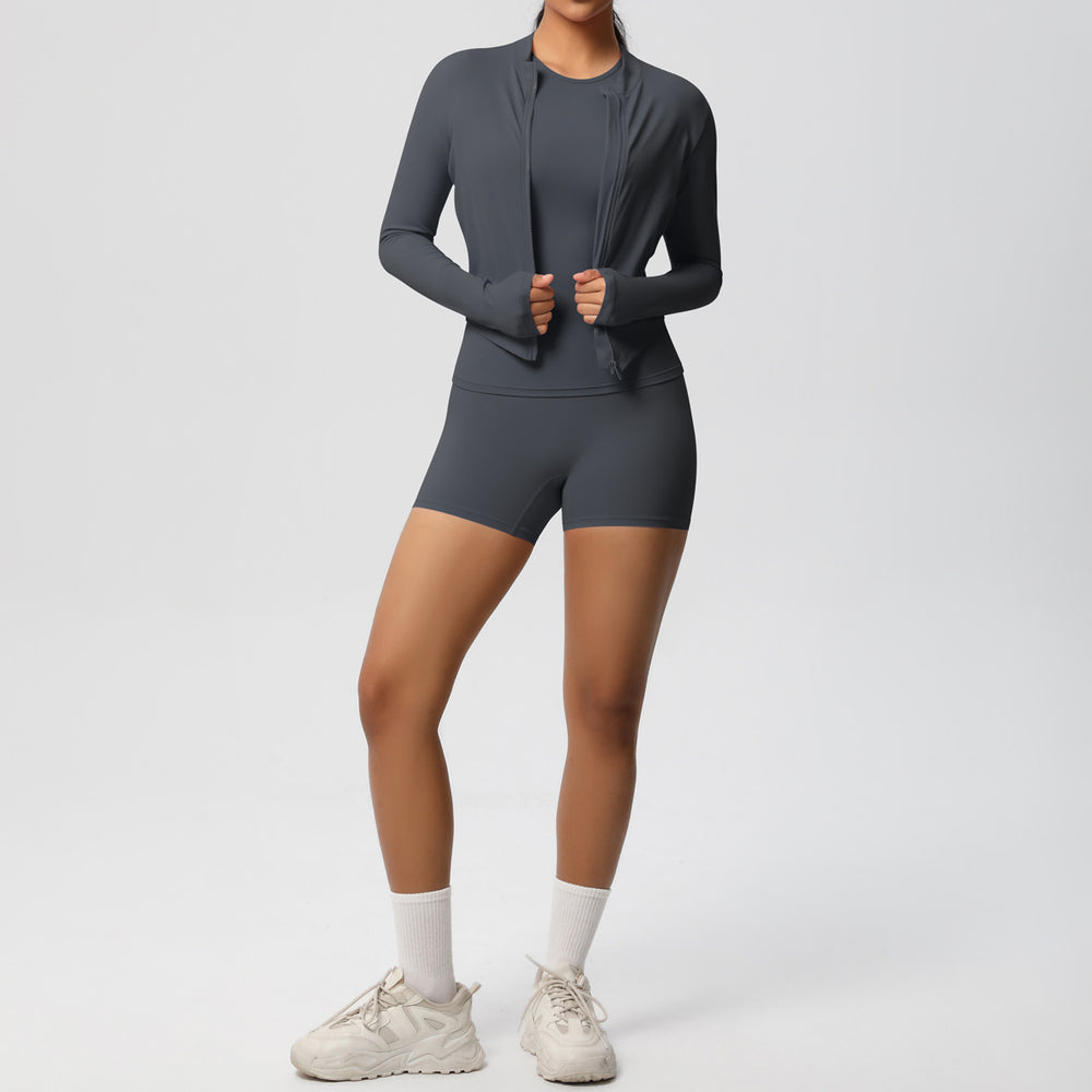 new breathable brushed fleece long-sleeve workout set - solid color three-piece gym outfit for women