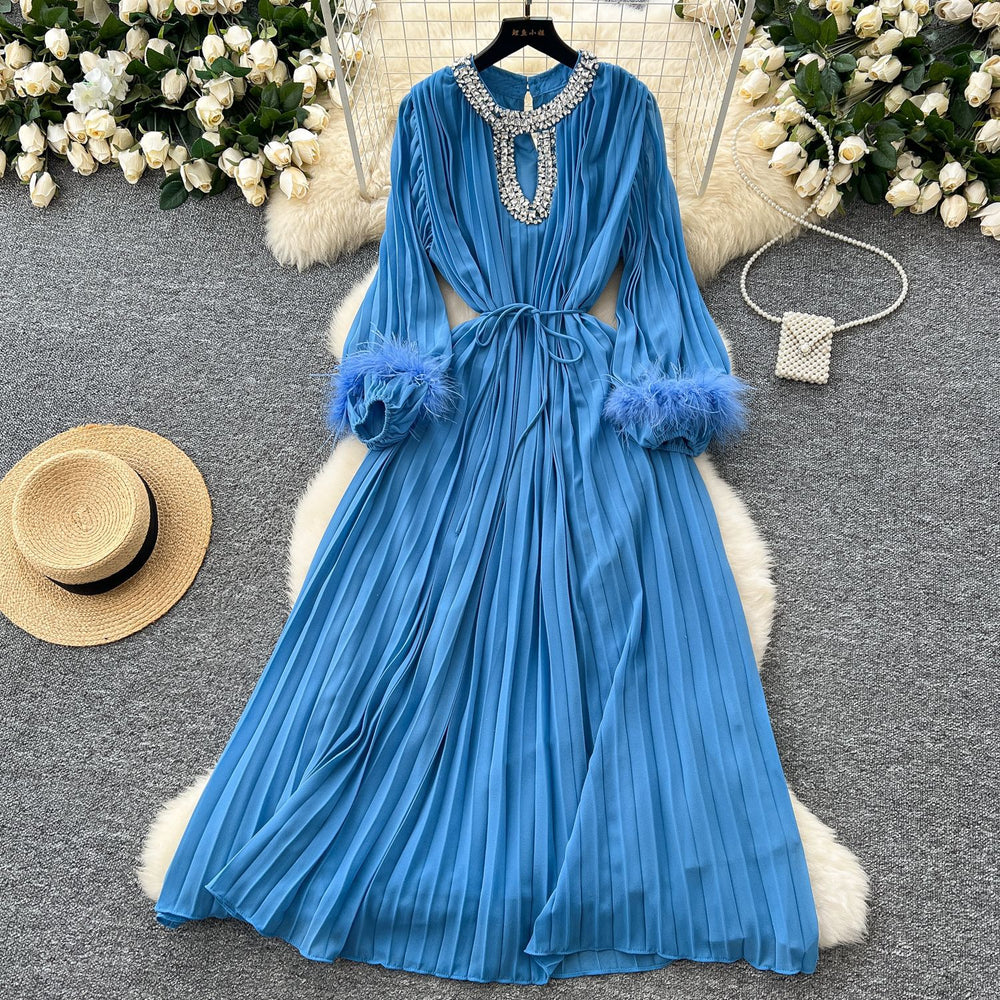 French-style, heavily embellished, diamond-studded, faux fur sleeve, high-end pleated dress - women's loose-fit, tie-waist, elegant long dress