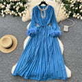 French-style, heavily embellished, diamond-studded, faux fur sleeve, high-end pleated dress - women's loose-fit, tie-waist, elegant long dress