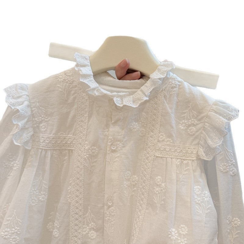 Spring new arrivalgirllong sleevesembroideringshirtbaby girlfashion shirt stylekidstopscasual children's clothing trendy
