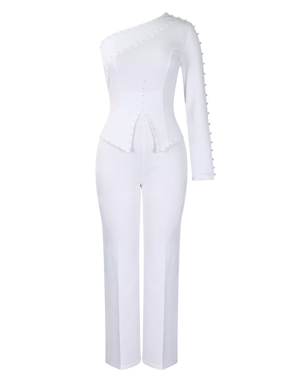 D463  foreign trade women's clothing  spring new style one-shoulder beaded ol two-piece set plus size european and american style outfit