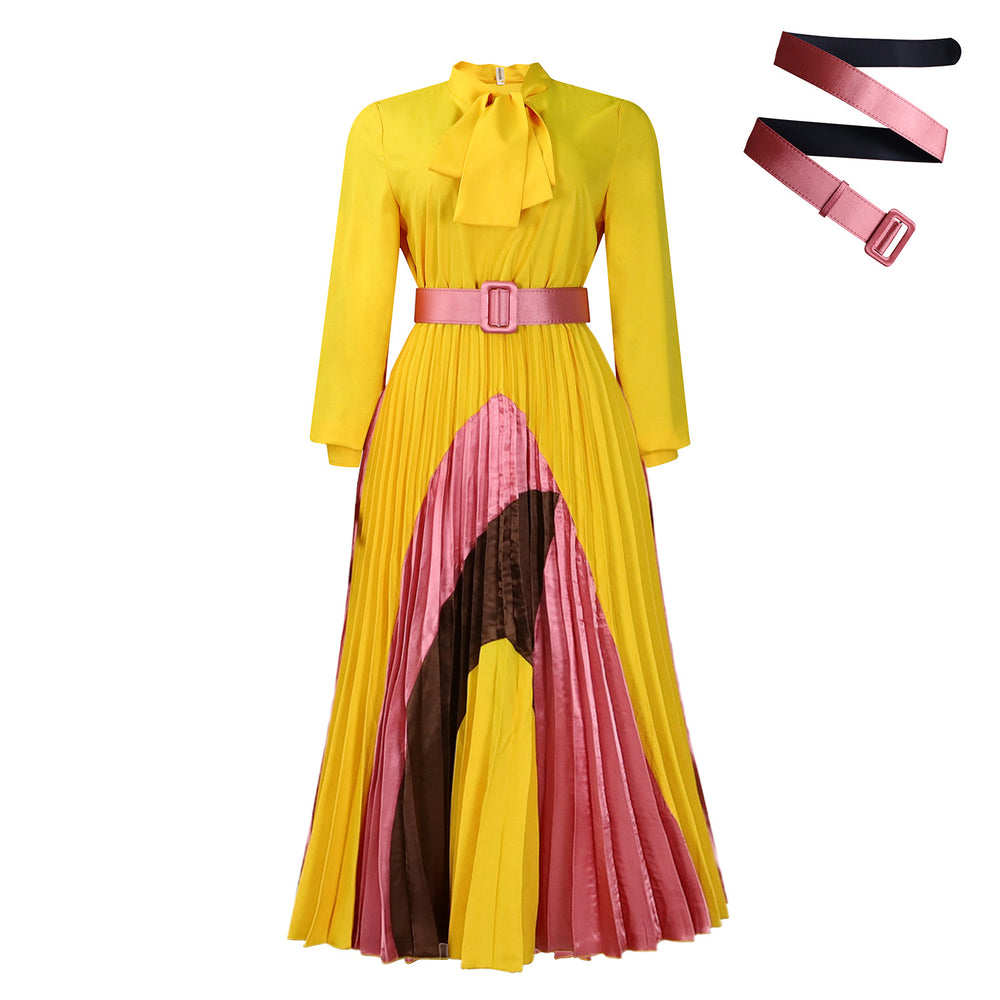 D547 european and american plus size women's clothing  autumn new arrival tie-waist pleated long sleeve color block elegant cross-border dress
