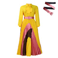 D547 european and american plus size women's clothing  autumn new arrival tie-waist pleated long sleeve color block elegant cross-border dress