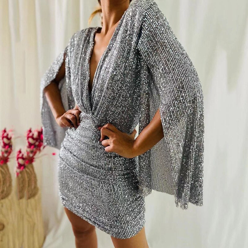 new european and american autumn collection: sexy v-neck bodycon asymmetrical mini dress with sequin detail - perfect for evening wear