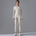 New solid color double-sided brushed breathable high-stretch compression long sleeve yoga set - activewear running fitness two-piece outfit