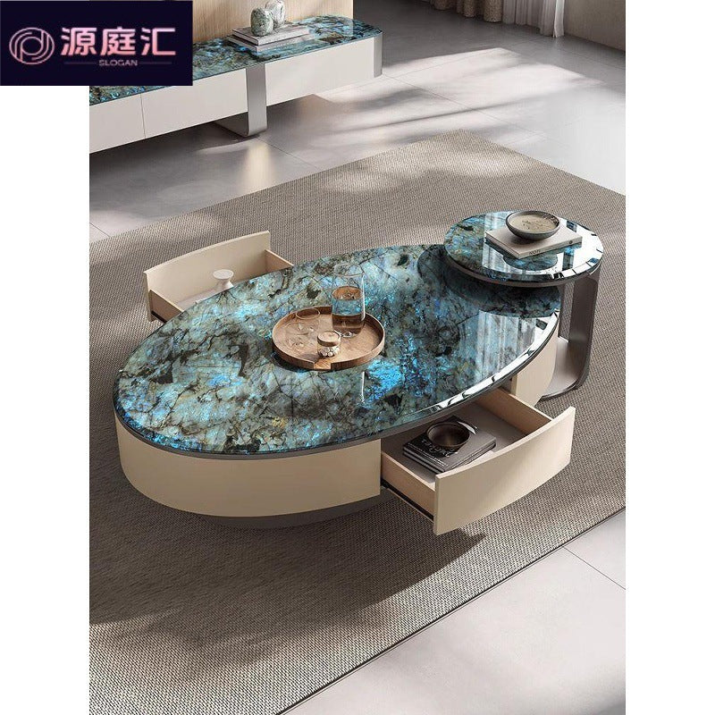 Italian light luxury crystal stone coffee table - modern minimalist home creative stainless steel microcrystalline stone oval/small round coffee table