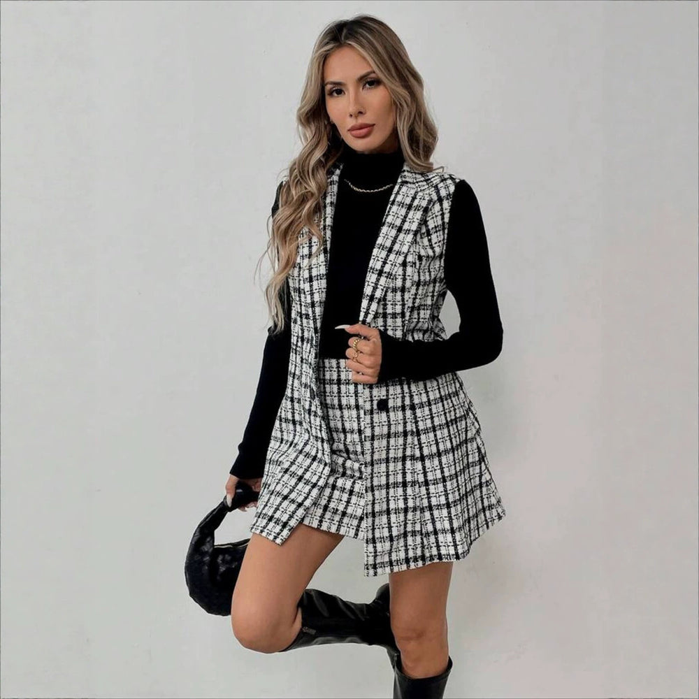 Aliexpress new arrival: women's elegant commute style tweed vest & midi skirt two-piece set (cross-border e-commerce)