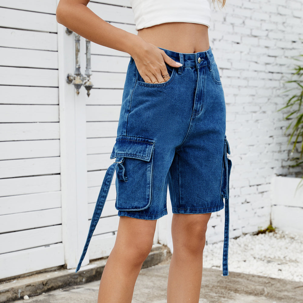 European and american cross-border women's summer new arrivals:  &  street style trendy washed denim cargo shorts (5-inch inseam)