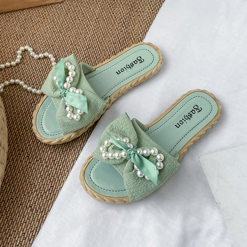 New women's summer slippers - korean style, wearable outdoors, pearl & bowknot flower beach sandals, women's ins flat slippers