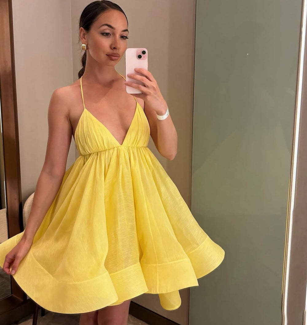 cross-border summer yellow suspender dress women's v neckbackless strap a-line skirt puffy skirt holiday style