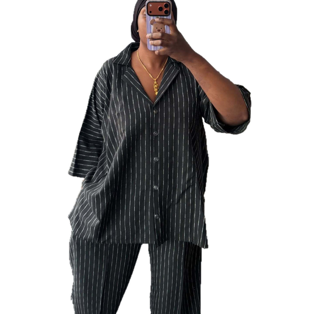 European and american cross-border women's clothing  summer new arrivals: african-style plus size fashion loose striped shirt and wide-leg pants set