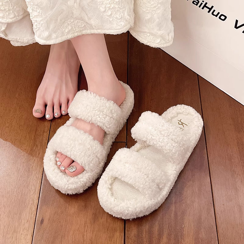 Casualeasiest for match fur slippers for women outwear2025fall and winternew arrivalthick sole cross curly hairheattech lazy flip-flops
