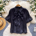 French court style breathable ruffle blouse - women's short sleeve lantern sleeve single-breasted satin-like commute top