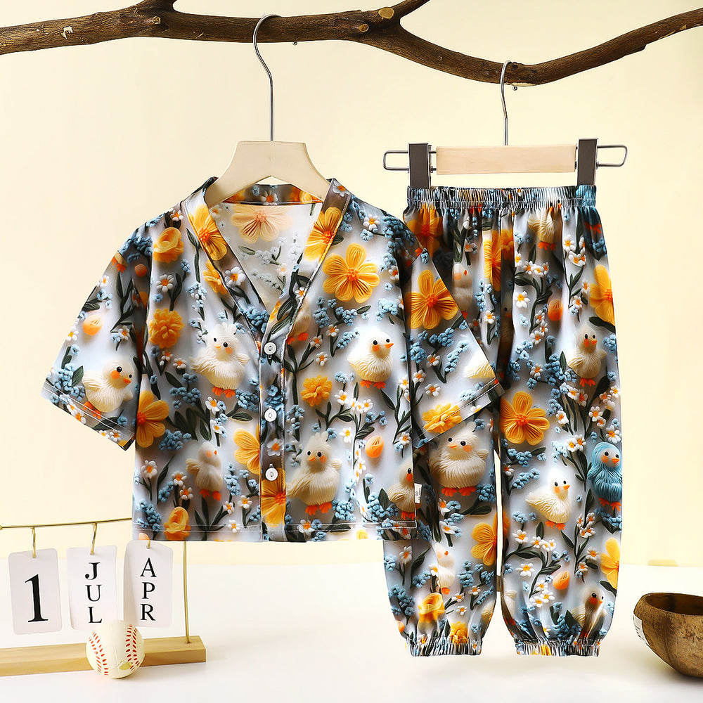 Kids' cotton linen pajama set - summer boys' and girls' sleepwear - rayon two-piece set - cotton linen air conditioning suit - children's clothing