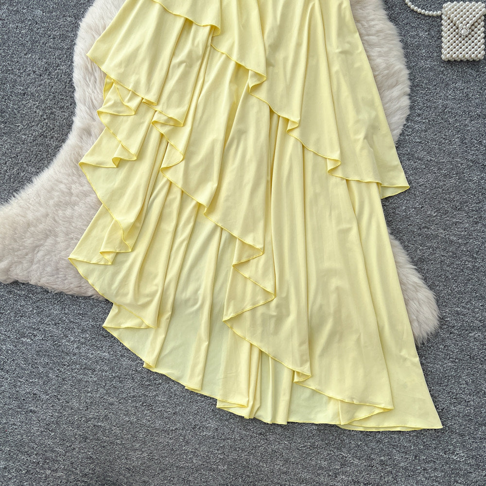 French riviera style bandeau asymmetrical dress - women's summer yellow ruffle hem maxi dress - slimming and chic