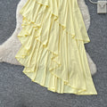 French riviera style bandeau asymmetrical dress - women's summer yellow ruffle hem maxi dress - slimming and chic