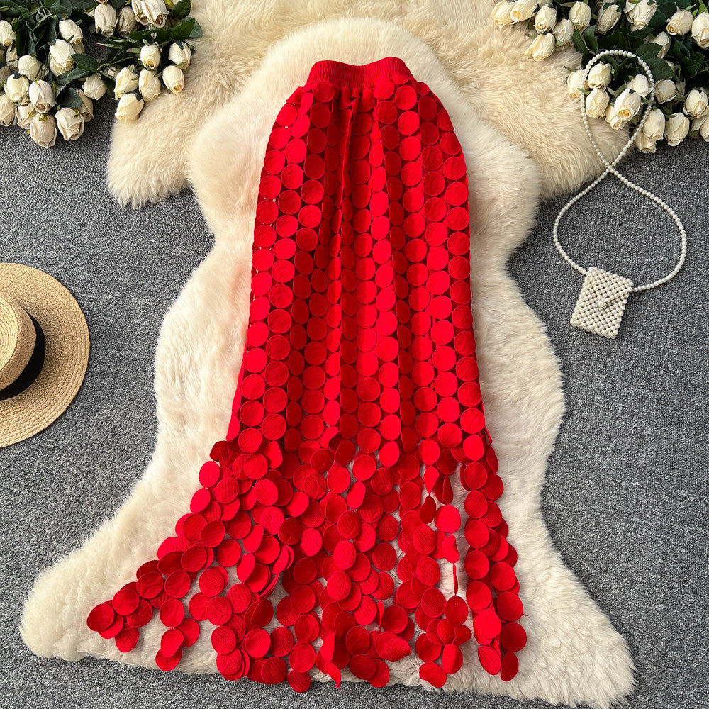 French cutout polka dot tassel midi skirt - women's spring korean style high waist slimming a-line work skirt