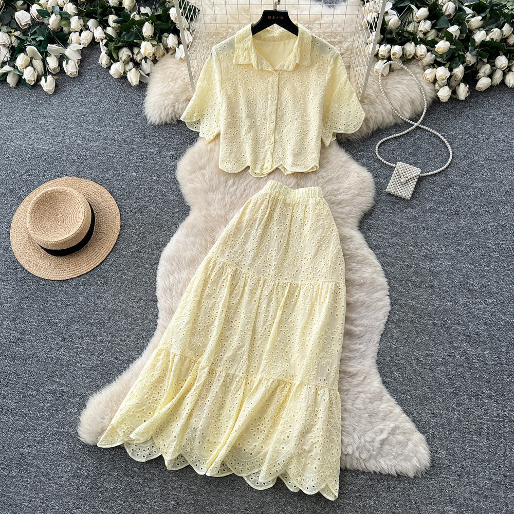 Vacation style pink cut outlacetwo-piece set women's summer short-sleeved intellectual high waistslimming lookwork clothingelegantsuit