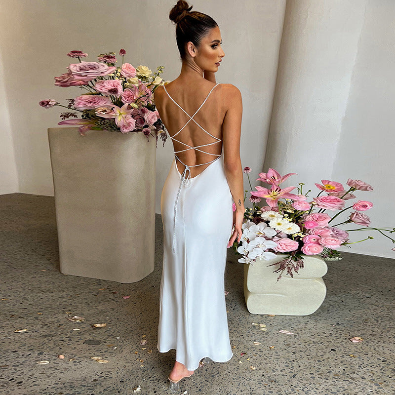 european and american cross-border sexy evening dress - slim fit, figure-flattering, open back, high-cut, slit party slip dress